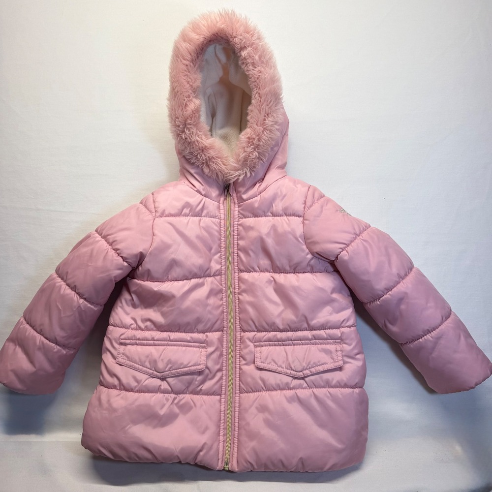 OshKosh B'gosh Puffer Coat Faux Fur Hood 4T Pink Girls Winter Quilted